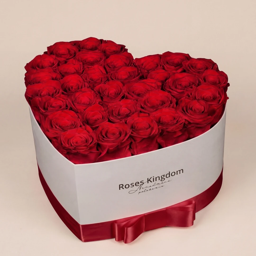 Levně Flower box srdce DELUXE ČERVENÁ BÍLÁ